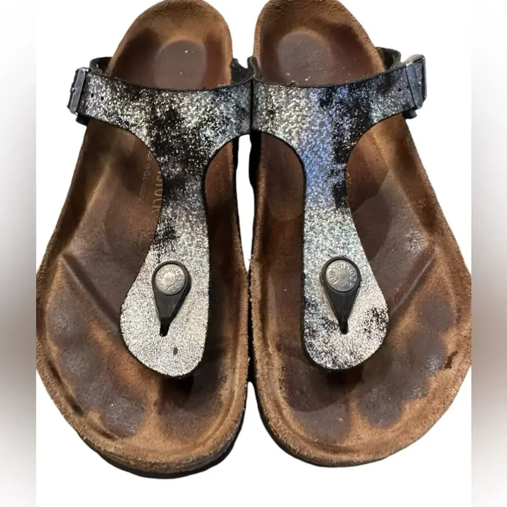 Birkenstock Women’s 38 (7) Black and Silver Thong Style Sandals